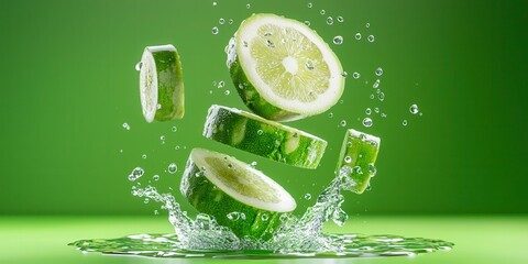 Poster - Fresh Green Lemon and Lime Slices Splashing in Clean Water