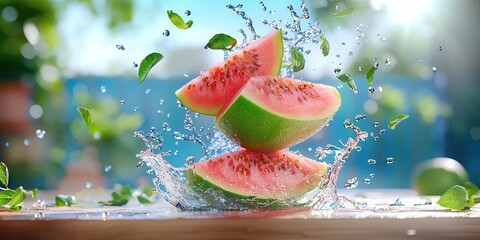 Poster - Fresh Watermelon Slices Splashing in Water with Mint Leaves