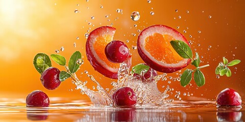 Poster - Fresh Fruit Splash with Orange and Cherry under Warm Sunset Glow