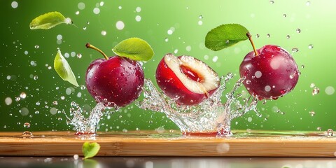 Poster - Fresh Red Apples with Splashing Water on Wooden Surface