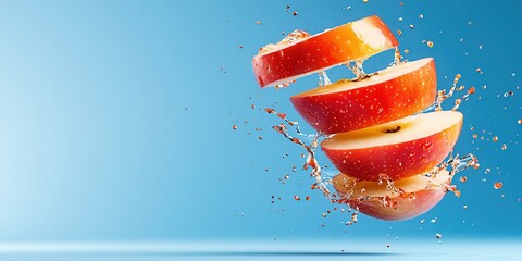Poster - Slices of Fresh Apple Splashed with Water on Blue Background