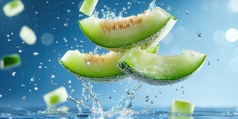 Poster - Fresh Slices of Green Melon Splashed with Water and Light Reflections