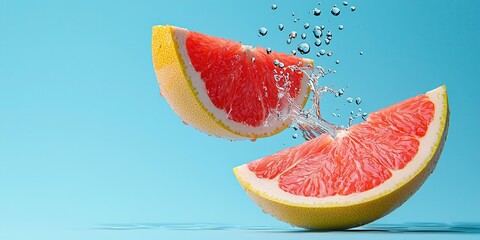 Poster - Fresh Pink Grapefruit Slices Splashing Water on Blue Background
