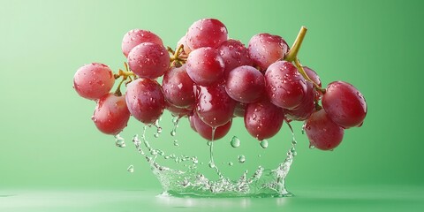 Poster - Fresh Red Grapes Splashing in Water Against a Bright Green Background