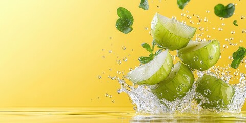 Poster - Fresh Green Apples Splashing in Water with Mint Leaves on Yellow Background