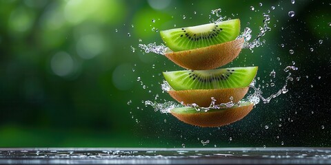 Poster - Fresh Kiwi Slices Splashing in Water with Green Background