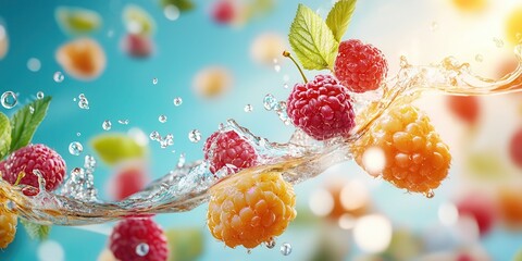 Poster - Fresh Berries Splashing in Clear Water with Colorful Background