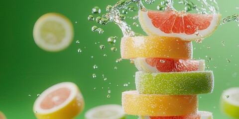 Poster - Colorful Citrus Slices and Splashing Water on Green Background