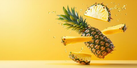 Poster - Fresh Pineapple Slices and Whole Fruit on Bright Yellow Background