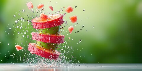 Poster - Fresh Fruit Stacks with Water Splash and Green Nature Background
