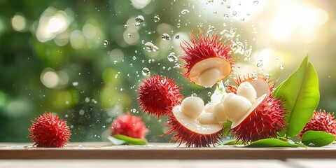 Poster - Fresh Rambutan Fruit with Water Splash and Green Leaves Background