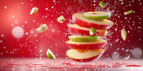 Poster - Vibrant Red and Green Apple Slices Splashing in Water Bubbles