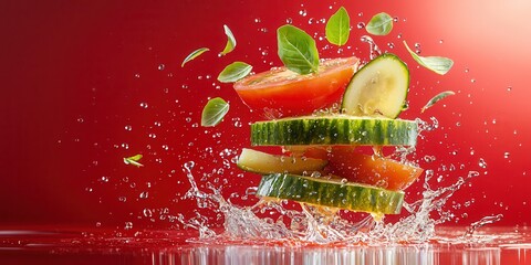 Fototapete - Fresh Vegetables Splashing in Water with Red Background