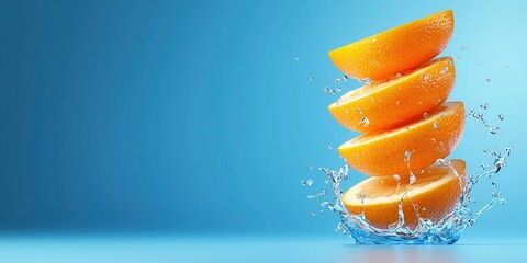 Poster - Fresh Orange Slices with Water Splash on Blue Background