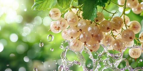 Poster - Fresh White Currants with Water Splash Over Green Background