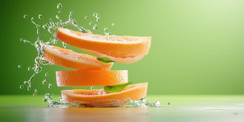 Fototapete - Fresh Slices of Orange with Water Splash on Green Background