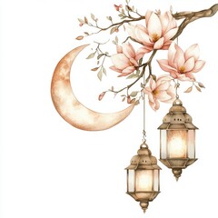 Aufkleber - Watercolor Painting of Magnolia Branch with Lanterns and Crescent Moon