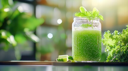Poster - Refreshing Green Smoothie in Jar with Fresh Ingredients in Background