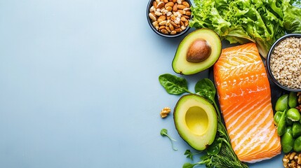 Poster - Fresh Salmon with Avocado and Greens on Light Blue Background