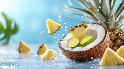 Poster - Refreshing Coconut and Pineapple Splash with Lime Slices in Water