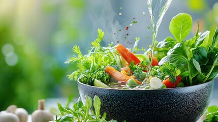 Poster - Fresh Ingredients in a Bowl with Water Splash and Green Herbs