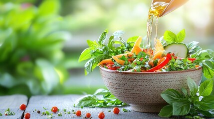 Poster - Fresh Vegetable Salad with Herbs and Dressing Being Poured