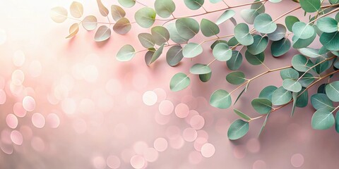 Fototapete - Delicate Green Eucalyptus Branches Resting on a Soft Pink Background with a Gentle Bokeh Effect