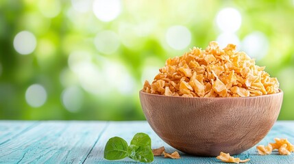 Poster - Fresh Crispy Snack in Wooden Bowl on Blue Table Background