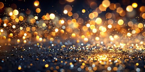 Poster - A mesmerizing display of shimmering gold bokeh on a dark background, creating an enchanting and festive ambiance