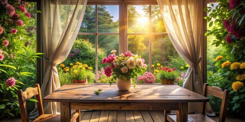 Aufkleber - A wooden table with two chairs, a vase of flowers, and a window view of a sunny garden with curtains flowing in the breeze
