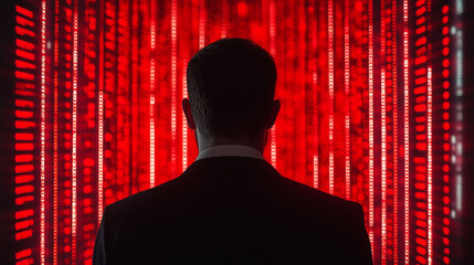 businessman with binary code and technology background