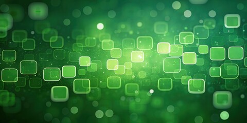 Poster - Abstract Green Background with Glowing Squares and Bokeh Lights