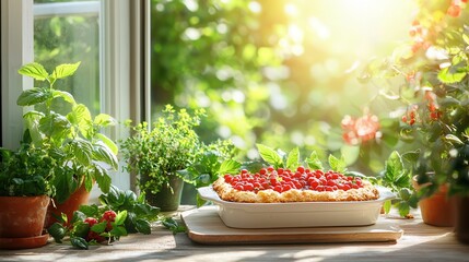 Poster - Fresh Baked Dish with Cherry Tomatoes Surrounded by Greenery
