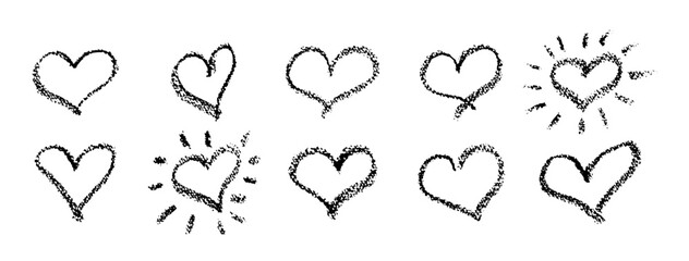 Wall Mural - set of black hearts signs drawn by wax pencil. love symbols in doodle style. collection of hand draw