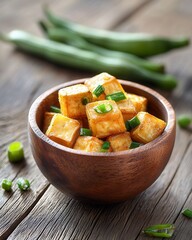 Poster - Delicious Cubes of Cooked Tofu Garnished with Green Onions