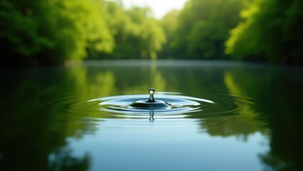 Wall Mural - a solitary drop of water makes ripples in a calm pond encircled by vibrant greenery.