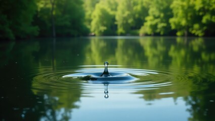 Wall Mural - a solitary droplet of water generates ripples in a calm pond encircled by lush greenery.