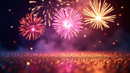 Wall Mural - abstract gold and purple glitter backdrop featuring fireworks. holiday theme