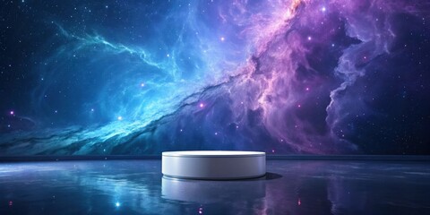 Fototapete - A white pedestal stands in front of a shimmering, nebula-filled night sky, reflecting the cosmic light