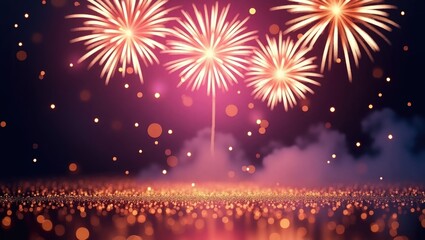 Wall Mural - abstract background of gold and purple glitter featuring fireworks. concept of holiday.
