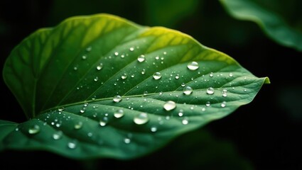 Wall Mural - a vibrant fresh green leaf adorned with raindrops and illuminated by sunlight. the plant showcases a