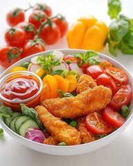 Poster - Fresh and Colorful Salad Bowl with Fried Chicken and Vegetables