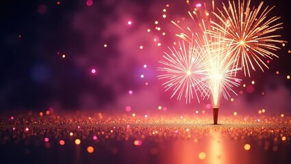 Wall Mural - abstract glitter background in gold and purple featuring fireworks. holiday concept
