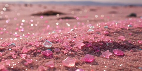 Aufkleber - A closeup of pink sand with scattered crystal shapes and a star-shaped gem, reflecting sunlight.  The image has a soft, dreamy quality with a blurred background.