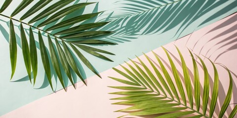 Fototapete - Palm Leaf Silhouette on a Light Blue and Pink Background with Shadows