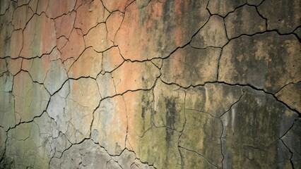 Aufkleber - A weathered concrete wall with a network of cracks that reveal a faded and unevenly colored surface.