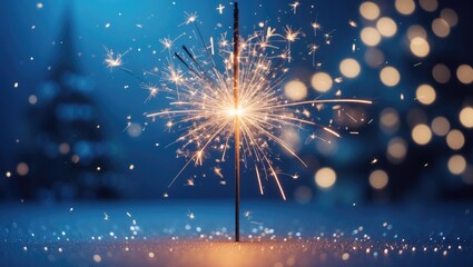 Wall Mural - Beautiful sparkles from sparklers against a bokeh background, glittery and festive. Bright fire set on a blue backdrop.