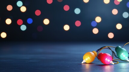 Wall Mural - a dark background with colorful bokeh lights and scattered light particles, creating a festive and c