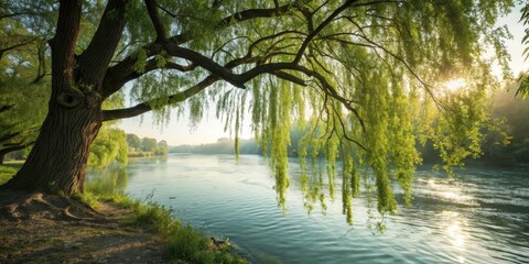 Aufkleber - A majestic willow tree gracefully arches over a tranquil river, its cascading branches creating a picturesque frame for the sunlit water.