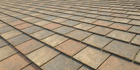 Leinwandbilder - A close-up perspective of a roof with textured tiles, showcasing a repeating pattern of squares and rectangles, featuring a warm and earthy color palette.